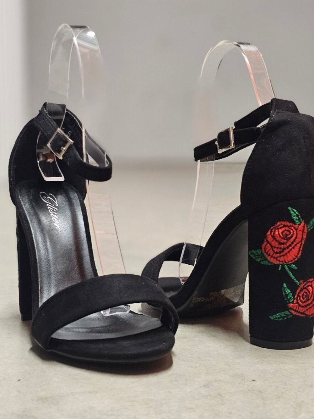 Black Faux Suede Block Heel Sandals With Rose Embroidery & Ankle Strap - Picture 11 of 13